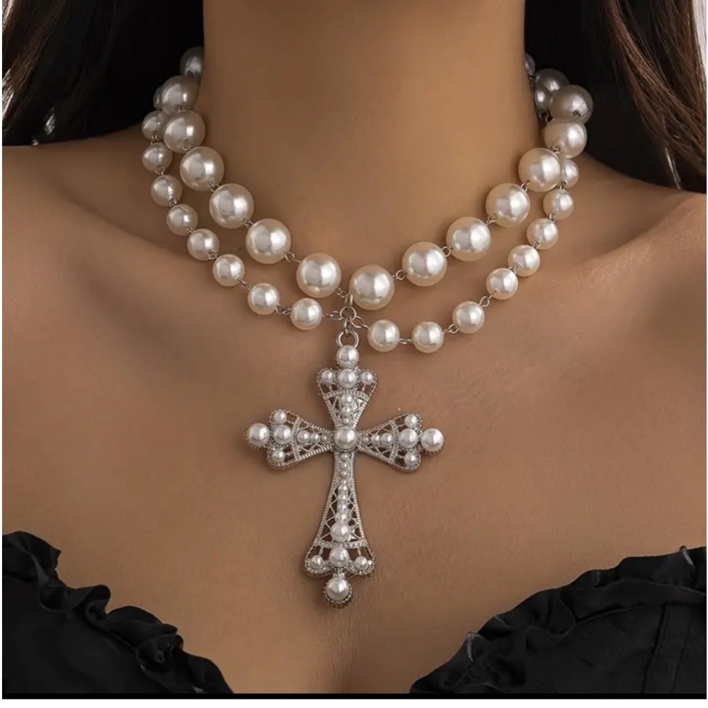 Double Layered Beaded Cross Pendant